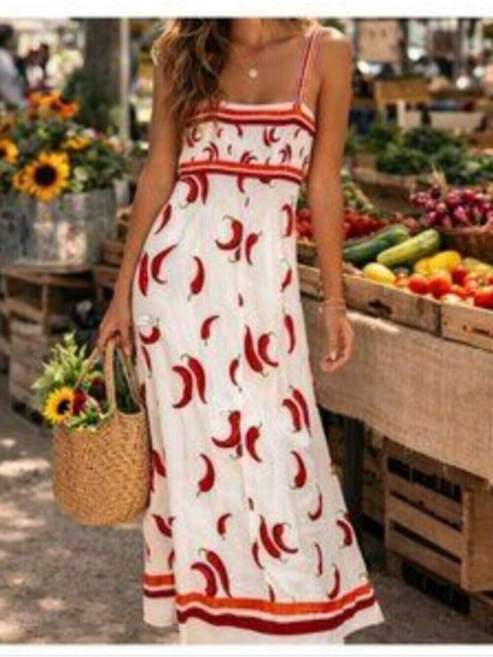 RACHEL ZOE | Linen Blend Maxi Dress Red Chilli Print Sz L